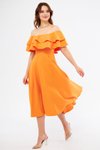 Turuncu Midi Dökümlü Düşük Omuz Fırfır Yaka Elbise