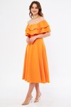 Turuncu Midi Dökümlü Düşük Omuz Fırfır Yaka Elbise