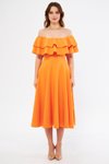 Turuncu Midi Dökümlü Düşük Omuz Fırfır Yaka Elbise