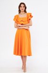 Turuncu Midi Dökümlü Düşük Omuz Fırfır Yaka Elbise