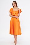 Turuncu Midi Dökümlü Düşük Omuz Fırfır Yaka Elbise