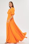 Turuncu Uzun Balon Kol Korsaj Kemerli Abiye Elbise