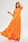Turuncu Uzun Balon Kol Korsaj Kemerli Abiye Elbise