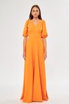 Turuncu Uzun Balon Kol Korsaj Kemerli Abiye Elbise