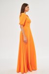 Turuncu Uzun Balon Kol Korsaj Kemerli Abiye Elbise