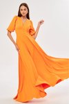 Turuncu Uzun Balon Kol Korsaj Kemerli Abiye Elbise