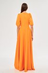 Turuncu Uzun Balon Kol Korsaj Kemerli Abiye Elbise