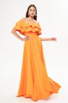 Turuncu Uzun Kloş Düşük Omuz Çift Kat Fırfır Detaylı Abiye Elbise