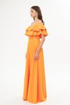 Turuncu Uzun Kloş Düşük Omuz Çift Kat Fırfır Detaylı Abiye Elbise
