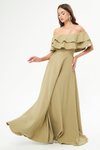 Yağ Yeşili Uzun Kloş Düşük Omuz Fırfır Detaylı Abiye Elbise