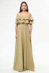 Yağ Yeşili Uzun Kloş Düşük Omuz Fırfır Detaylı Abiye Elbise