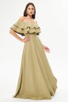 Yağ Yeşili Uzun Kloş Düşük Omuz Fırfır Detaylı Abiye Elbise