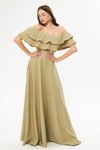 Yağ Yeşili Uzun Kloş Düşük Omuz Fırfır Detaylı Abiye Elbise