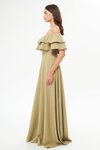 Yağ Yeşili Uzun Kloş Düşük Omuz Fırfır Detaylı Abiye Elbise