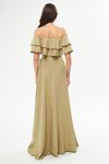 Yağ Yeşili Uzun Kloş Düşük Omuz Fırfır Detaylı Abiye Elbise