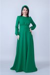 Yeşil Beli Büzgülü Kuşaklı Tesettür Abiye Elbise