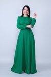 Yeşil Beli Büzgülü Kuşaklı Tesettür Abiye Elbise