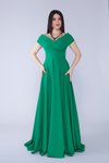 Yeşil Uzun Kayık Kruvaze Yaka Düşük Omuz Dokuma Abiye Elbise