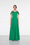 Yeşil Uzun Kloş Fırfır Detaylı Abiye Elbise