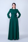 Zümrüt Uzun Kol Beli Büzgülü Kuşaklı Tesettür Abiye Elbise