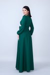 Zümrüt Uzun Kol Beli Büzgülü Kuşaklı Tesettür Abiye Elbise
