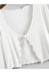 Beyaz Uzun Kollu Nervür Dikişli Bağlamalı Kaşkorse Bluz