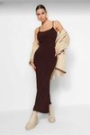Kahverengi Esnek Sandy Uzun Askılı Elbise