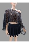 Siyah Dantel Crop Dökümlü Yarasa Kollu Bluz