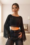 Siyah Dökümlü Yarasa Kollu Tül Crop Bluz