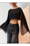 Siyah Dökümlü Yarasa Kollu Tül Crop Bluz