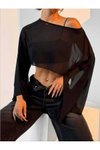 Siyah Dökümlü Yarasa Kollu Tül Crop Bluz