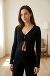 Siyah Uzun Kollu Nervür Dikişli Kaşkorse Bluz
