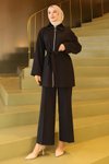 Two-Piece Fur Collar Detail Modest Set - Black