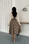 Bej Ekose Desen Midi Çan Kemerli Etek