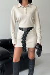Bej Mini Modal Polo Yaka Bel Drape Detaylı Elbise