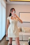 Beyaz Puantiye Desenli Mini Fularlı Elbise