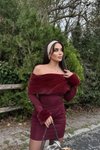 Bordo Mini Madonna Yaka Büzgülü Suni Kürk Detaylı Elbise