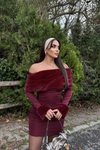 Bordo Mini Madonna Yaka Büzgülü Suni Kürk Detaylı Elbise