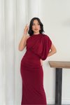 Bordo Uzun Dökümlü Drapeli Tek Omuzlu Abiye Elbise