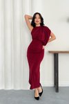 Bordo Uzun Dökümlü Drapeli Tek Omuzlu Abiye Elbise