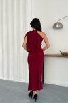 Bordo Uzun Dökümlü Drapeli Tek Omuzlu Abiye Elbise