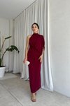Bordo Uzun Dökümlü Tek Omuzlu Drape Detaylı Abiye Elbise