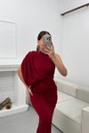 Bordo Uzun Dökümlü Tek Omuzlu Drapeli Abiye Elbise