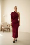 Bordo Uzun Tek Omuzlu Drape Detay Abiye Elbise