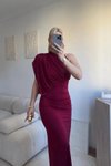 Bordo Uzun Tek Omuzlu Drape Detay Abiye Elbise