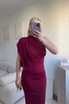 Bordo Uzun Tek Omuzlu Drape Detay Abiye Elbise