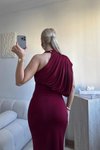 Bordo Uzun Tek Omuzlu Drape Detay Abiye Elbise
