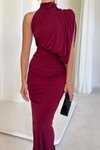 Bordo Uzun Tek Omuzlu Drape Detaylı Abiye Elbise