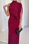 Bordo Uzun Tek Omuzlu Drape Detaylı Abiye Elbise