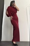 Bordo Uzun Tek Omuzlu Drapeli Abiye Elbise